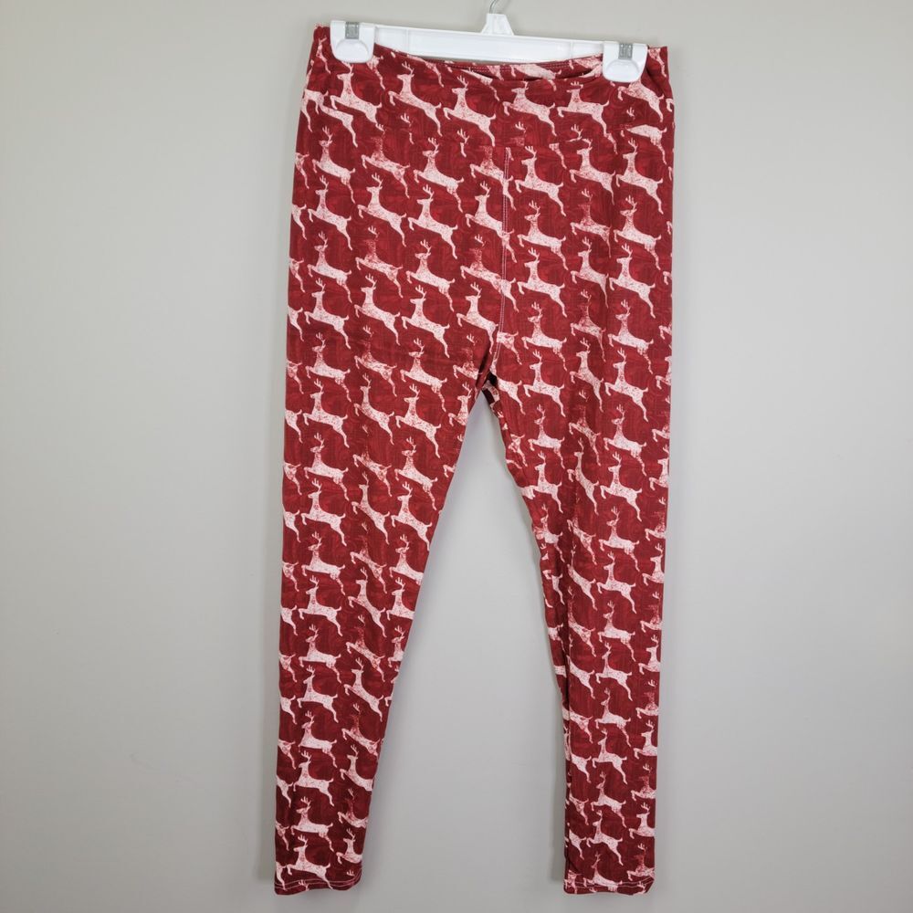 SH‎ Burgundy Chalk Reindeer Polyester Spandex Ankle Leggings One Size Fits All